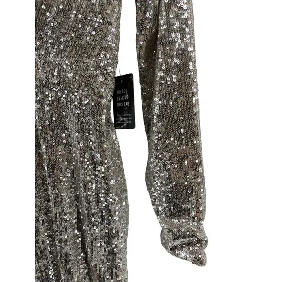 NWT Express Women's Long Sleeve Silver Sequin V Neck Cocktail Party Dress XS - Picture 3 of 15